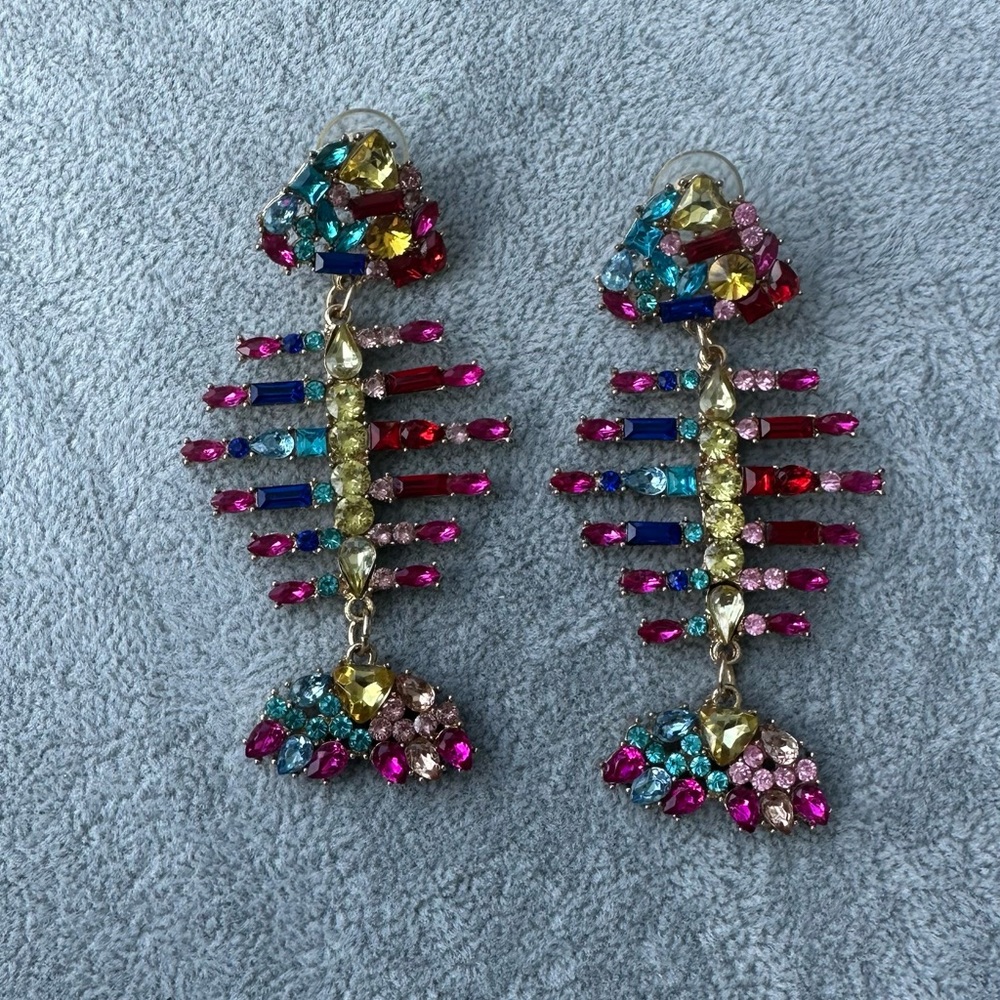 Earrings Rainbow Fish Bones Sparkly Rhinestone Multicolor